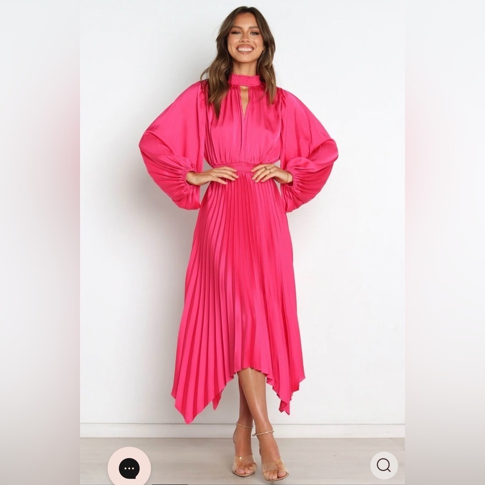 Petal & Pup Pleated Long Sleeve Midi Semi Formal Pink Satin Cocktail Dress US 8